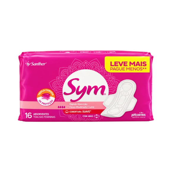 Absorvente Externo Anatômico Com Abas Cobertura Suave Antivazamento 16 Unidades Sym