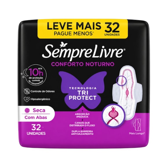 Absorvente Externo Noturno Com Abas Proteção 10 Horas Anatômico Sempre Livre