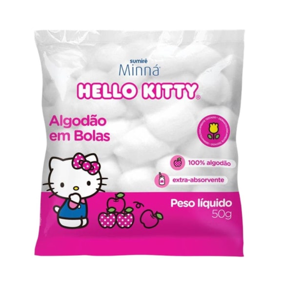 Algodão Bola Algodão Hipoalergênico Alta Absorção Hello Kitty Minná 50g