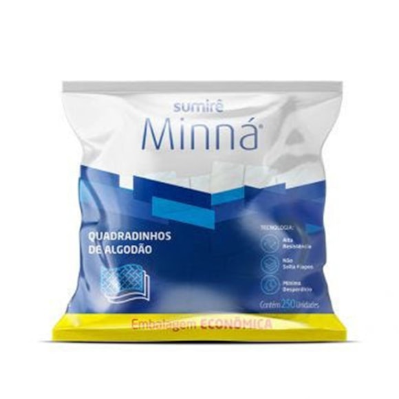 Algodão Quadradinho Compactado Macio Absorvente 250 Unidades Minná