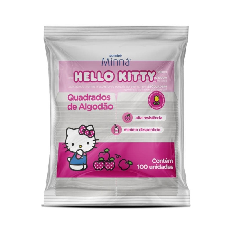 Algodão Quadrado Macio Absorvente Hello Kitty 100 Unidades Minná