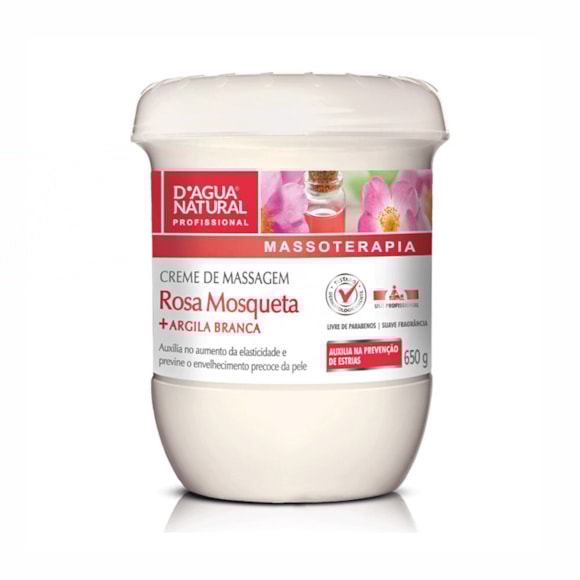Creme Para Massagem D'agua Natural Rosa Mosqueta e Argila Branca 650g
