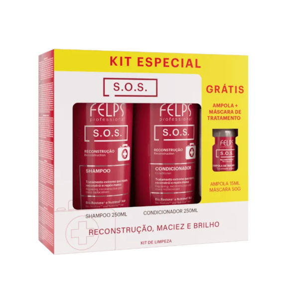 Kit Felps S.O.S Reconstrução – Shampoo 250ml + Condicionador 250ml + Máscara Sache 50g + Ampola 15ml