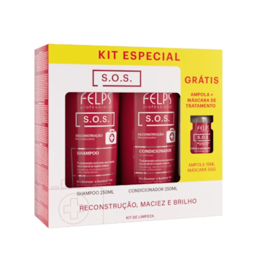 Kit Felps S.O.S Reconstrução – Shampoo 250ml + Condicionador 250ml + Máscara Sache 50g + Ampola 15ml