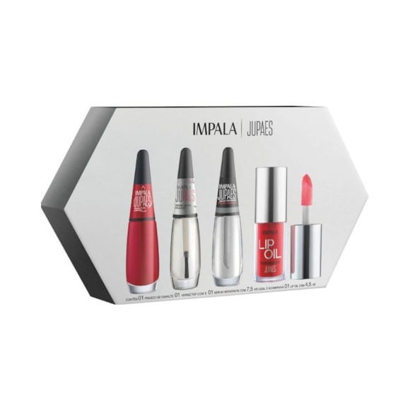 Kit Impala Ju Paes Virando O Jogo Esmalte Xeque Mate + Verniz + Sérum + Lip Oil Vermelho Escuro