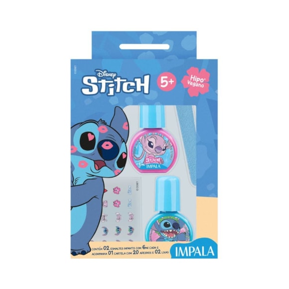 Kit Infantil Impala 2 Esmalte + Lixa + Adesivo Unha Stitch