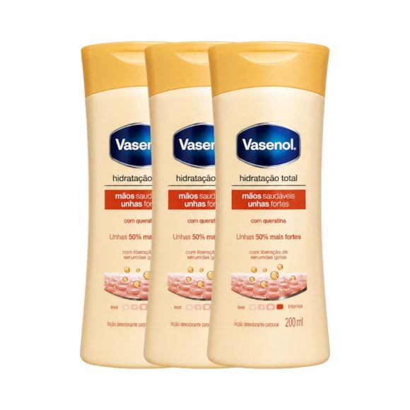 Kit Loção Hidratante Vasenol Mãos e Unhas 200ml – 3 Unidades