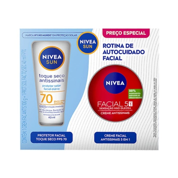 Kit Protetor Solar Facial Nivea Sun FPS70 40ml + Creme Antissinais 100g
